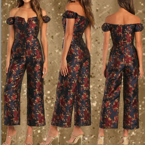 Lulus Glam Midnight Blue Floral Jacquard Off-the-Shoulder Jumpsuit Size XS
